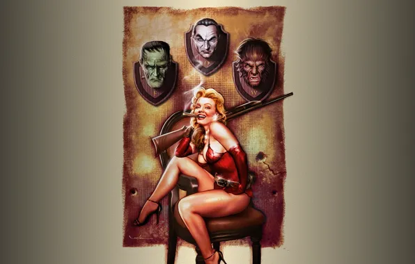 Girl, the gun, Halloween, werewolf, Dracula, trophies, Frankenstein