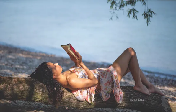 Girl, light, trees, pose, lake, shore, book, Jurgen Bauer
