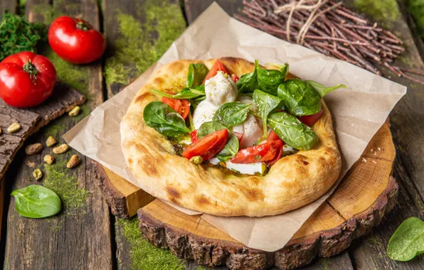 Picture greens, cheese, tomatoes, pellet