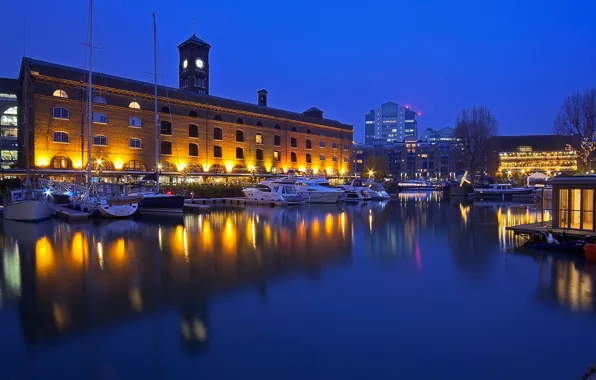 Picture water, night, lights, England, London, docks Santa Catarina