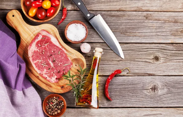 Oil, knife, meat, Board, pepper, vegetables, tomatoes, spices