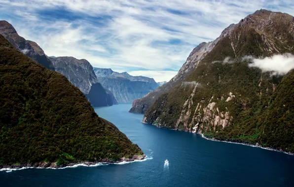 Clouds, mountains, river, view, boat, j