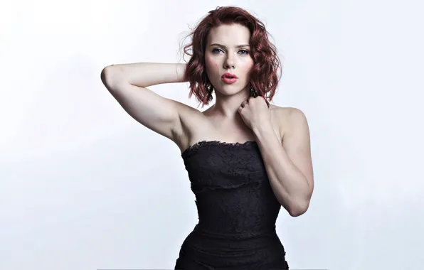 Picture look, girl, pose, figure, dress, actress, Scarlett Johansson, red