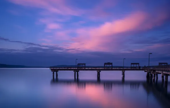 The sky, water, clouds, the city, surface, the evening, pier, port