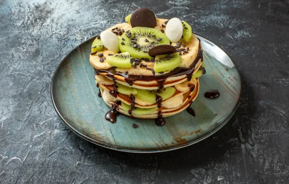 Background, chocolate, kiwi, cookies, plate, cake, layers, cream