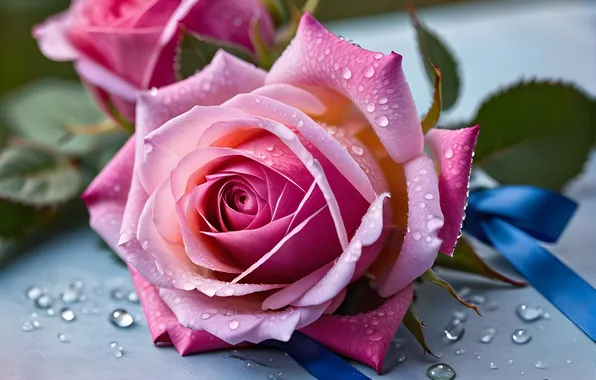 Drops, flowers, roses, water drops, blue ribbon