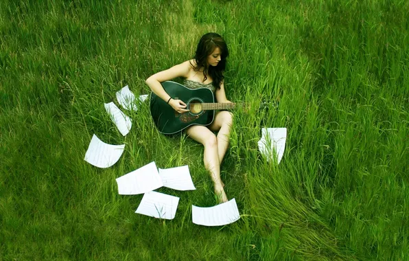 Picture GRASS, PAPER, FIELD, GUITAR, MUSIC, BRUNETTE, NOTES, MEADOW