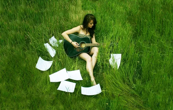 GRASS, PAPER, FIELD, GUITAR, MUSIC, BRUNETTE, NOTES, MEADOW