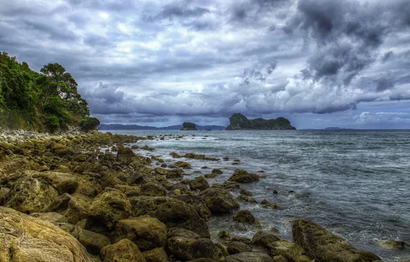 Sea, clouds, nature, stones, photo, coast, New Zealand, Rocky Coast