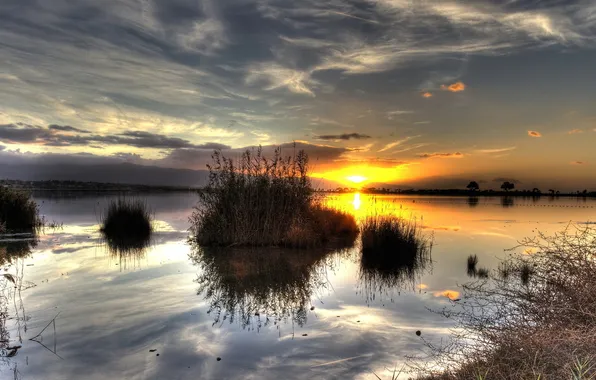 The sky, clouds, sunset, lake