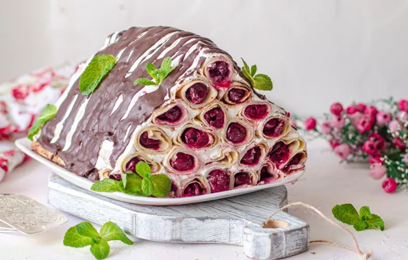 Cherry, chocolate, pancakes, cream