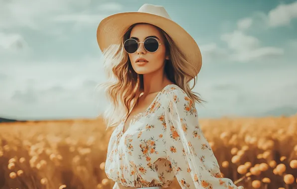 Field, girl, hat, sunglasses, AI art, neural network