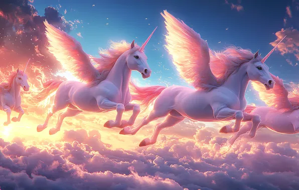 Clouds, Flight, Wings, Horse, Digital art, The Pegasi, AI art, The Art of Artificial Intelligence