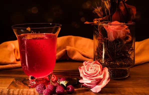 Flowers, berries, raspberry, table, glass, food, roses, fabric