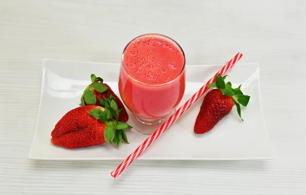 Glass, strawberry, juice, plate, tube, drink, fresh