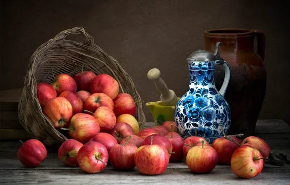 Picture the dark background, apples, food, dishes, pitcher, fruit, still life, composition