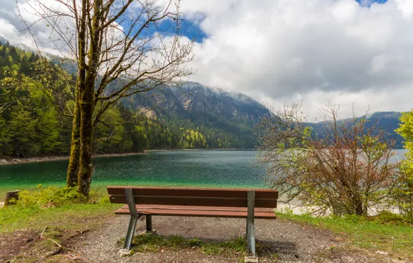 Picture the sky, clouds, mountains, lake, Park, bench