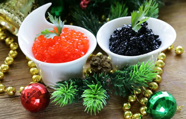 Balls, tree, food, black, New year, beads, red, luxury