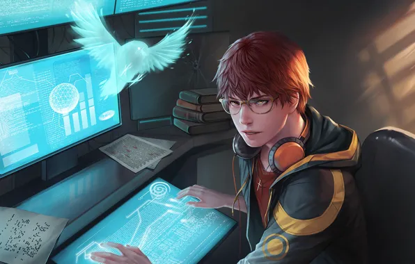 Look, bird, headphones, art, glasses, male, monitor, guy
