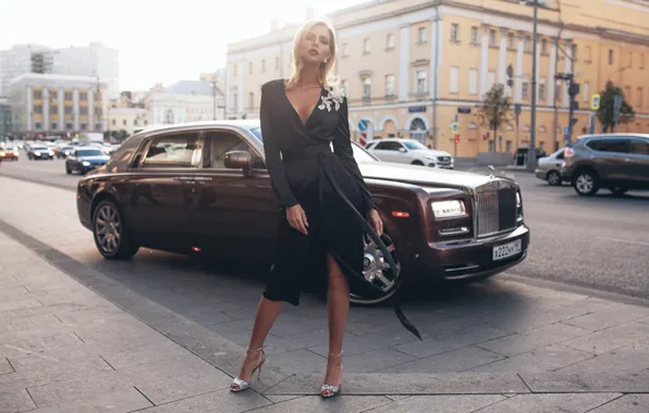 Machine, auto, girl, pose, style, model, Rolls-Royce, dress