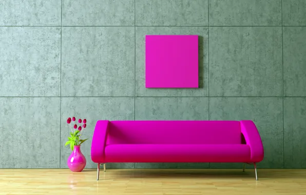 Flowers, style, creative, wall, pink, wall, art, sofas