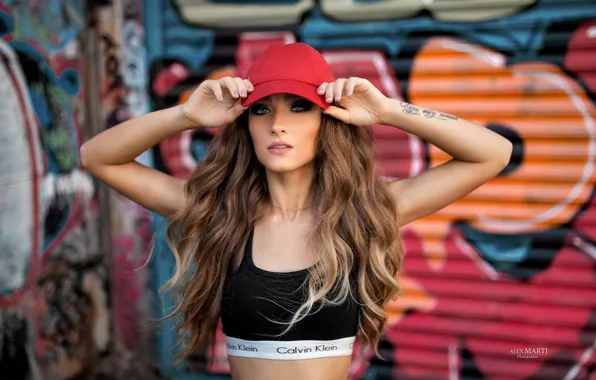 Pose, graffiti, makeup, hairstyle, cap, t-shirt, bokeh, brown hair