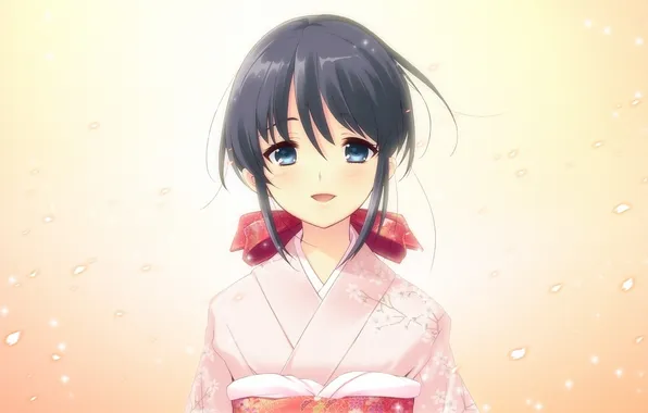 Picture anime, girl, kimono, blue eyes, bow, dark hair, yellow background.
