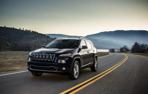 Picture road, trees, markup, hills, car, Jeep Cherokee. SUV