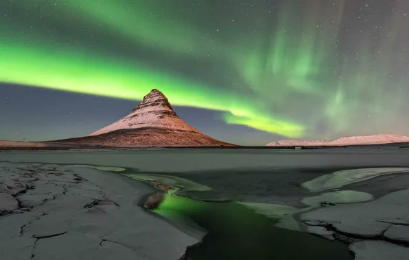 The sky, night, mountain, Northern lights, Iceland, Kirkjufell