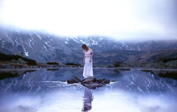 Picture water, girl, mountains, dress, Lichon