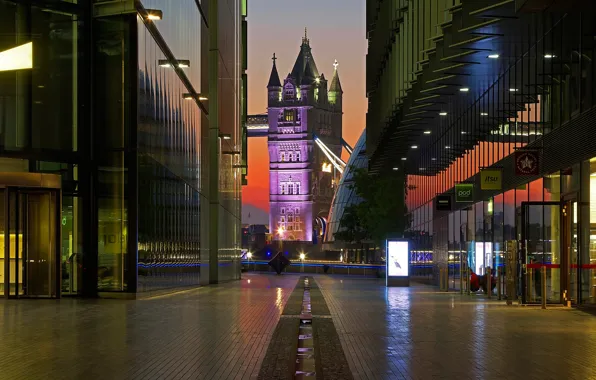Night, lights, street, England, London, tower, Tower bridge