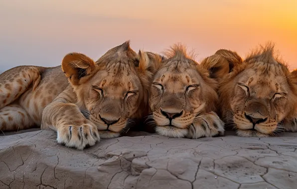 The sun, Dawn, Lions, Three, Front, Digital art, Predators, Big Cats