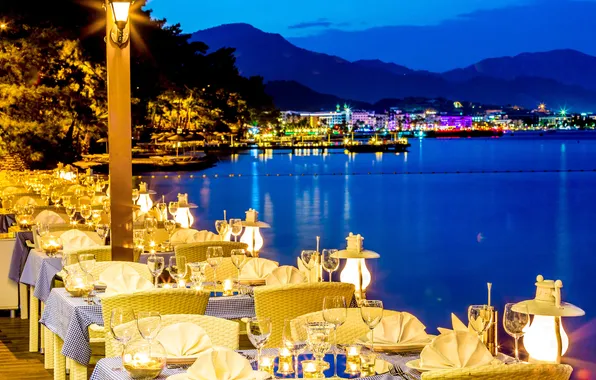 Sea, the city, lights, coast, Marina, ships, the evening, restaurant