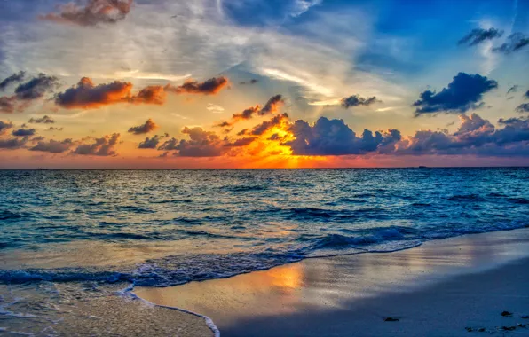 Sea, wave, the sky, water, the sun, clouds, sunset, the evening