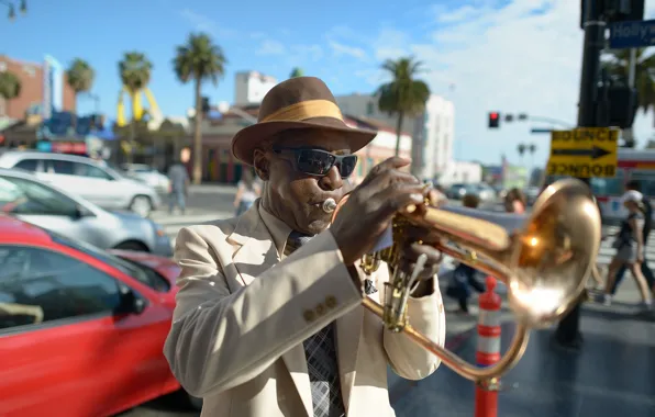 Picture style, music, street, hat, jazz, glasses, male, dark