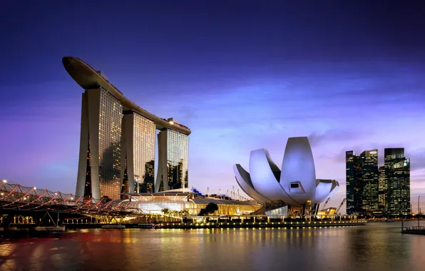 Wallpaper skyscrapers, Marina Bay, bridge, the sky, home, Bay, lights, the evening