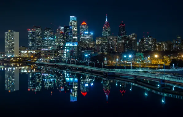 Water, night, lights, reflection, river, home, skyscrapers, lights