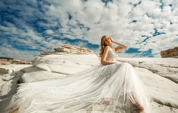 The sky, girl, clouds, pose, model, dress, beauty, Vyacheslav Lozhkin