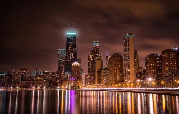 Night, Chicago, Skyscrapers, USA, Chicago, skyline, urban, nightscape