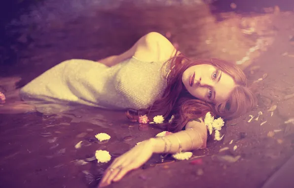 Look, water, girl, flowers, redhead