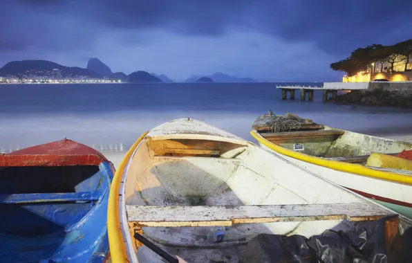 Sea, mountains, clouds, lights, boat, Brazil, Rio de Janeiro, Copacabana