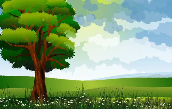 Field, grass, trees, vector