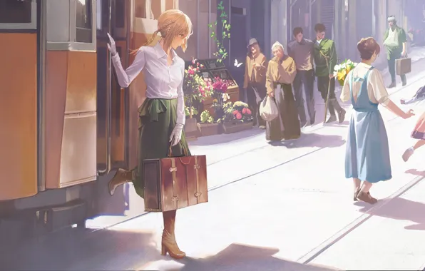 Road, girl, flowers, the city, people, tram, suitcase