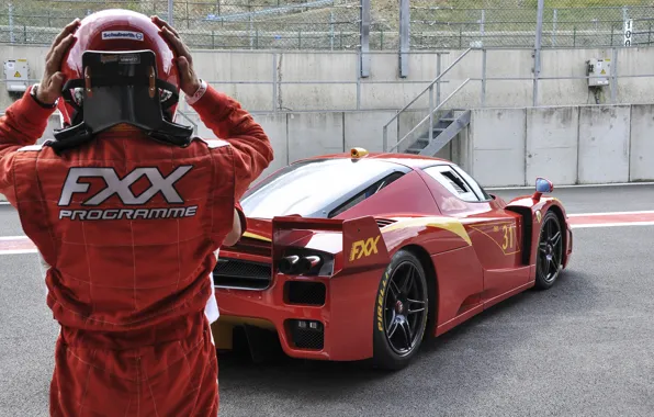 Picture red, track, helmet, Ferrari, red, Ferrari, racer, fxx