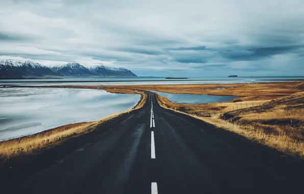 Road, mountains, Iceland, lake, fjords