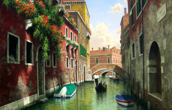 Picture water, flowers, bridge, Windows, home, picture, boats, Italy