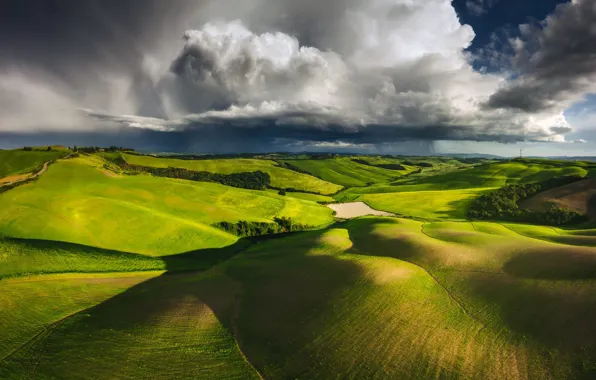 Greens, the sky, clouds, light, mountains, clouds, lake, hills