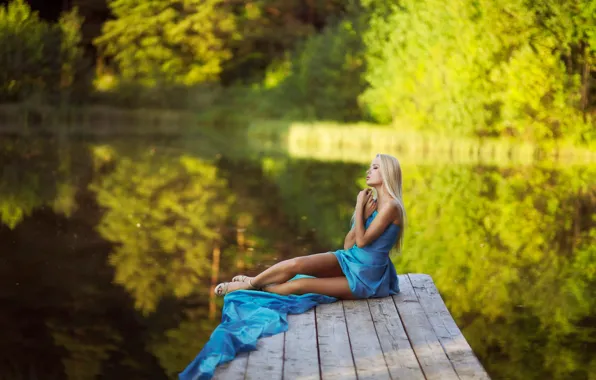 Picture summer, girl, dreams, dress, legs, pond