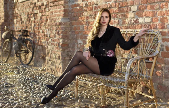 Bike, pose, legs, one, beautiful girl, brick wall, sitting, Marco Maria Marcolini