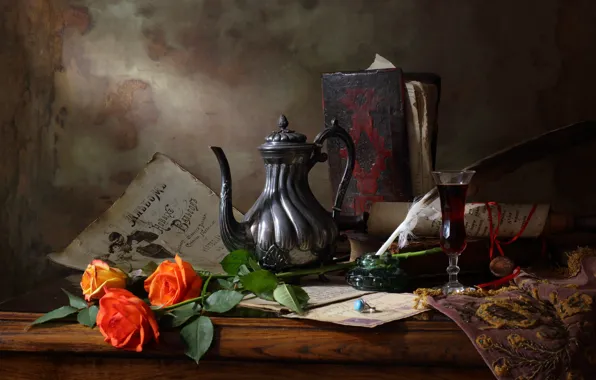 Style, art, Still life with teapot and roses, Still life with tea and roses